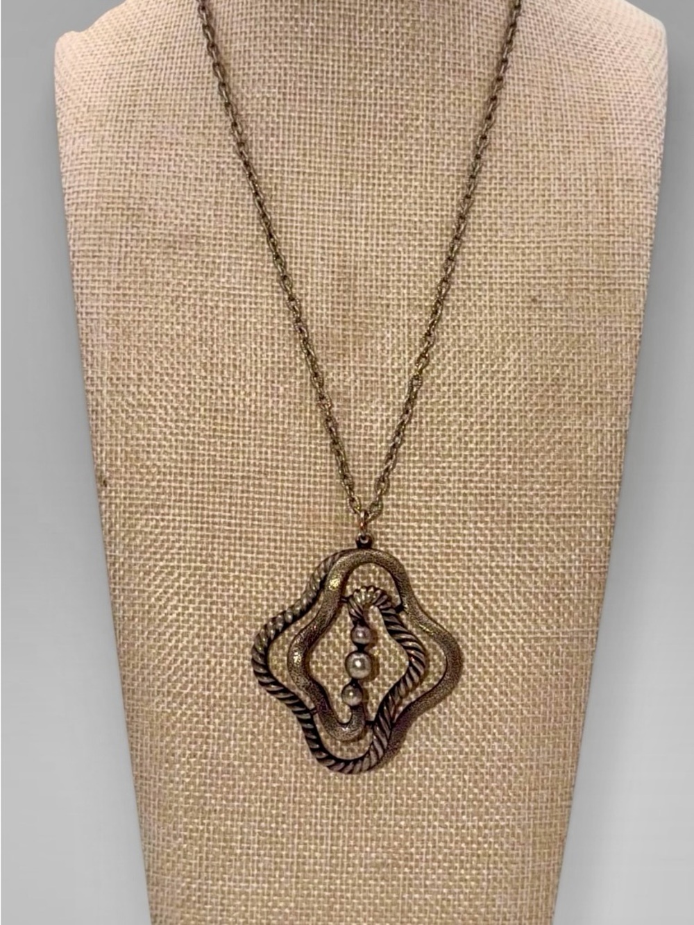 Vintage Pewter Modernist Swirl Pendant on Silver Tone Chain Necklace